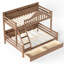 Lit simple superposé au dessus d'un lit double avec tiroirs de rangement, structure en bois massif, garde-corps courbé et tablettes, aucun sommier nécessaire, naturel profond-371575501