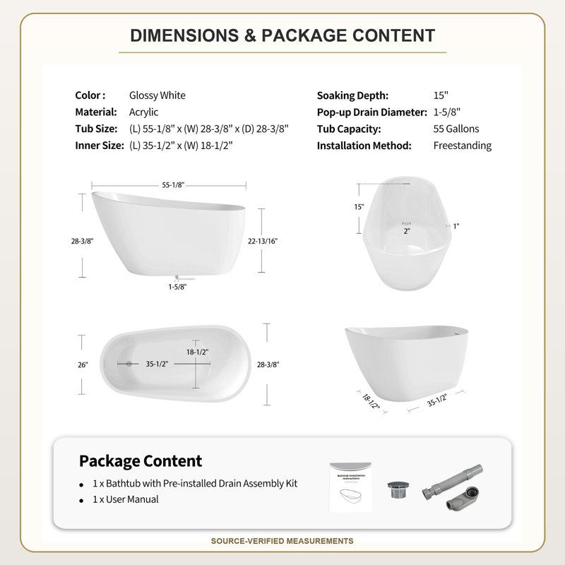 Baignoire de trempage autoportante 55 po sculptée blanche avec bordure blanc brillant, 55 in, Gloss White
