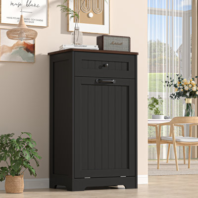 10 Gallons Tilt Out Trash Can Cabinet, Freestanding Trash Can Cabinet With Drawers,Hidden Trash Cabinet For Kitchen Living Room Storage Room