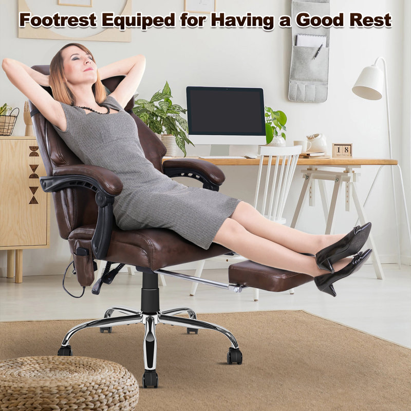 Brown Leather Heated Swivel Executive Office Chair with Footrest