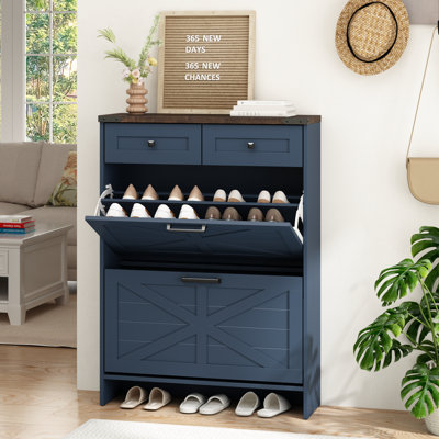 Farmhouse 16 Pair Shoe Cabinet with 2 Storage Drawers