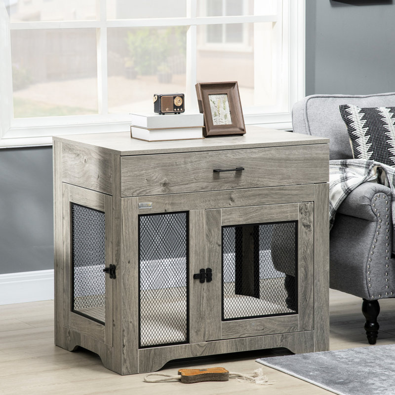 Grey Dog Crate With Supportive Mattress Cushion & Organized Drawer Puppy Cozy Inner Pad And Practical Storage Drawer,
