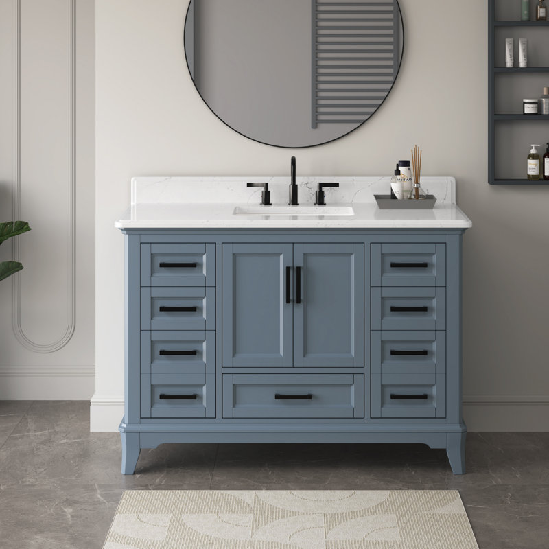 Free Standing Bathroom Vanity with Quartz Top, Matte Black, Steel Blue, 49"
