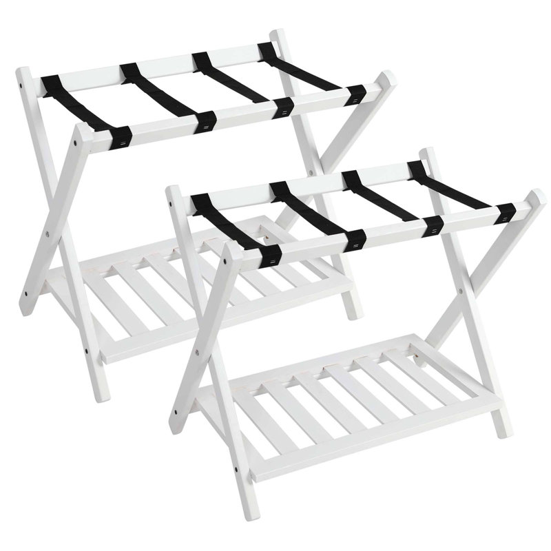 Porte-bagages pliable en bois avec tablette, Ensemble de 2, Blanc