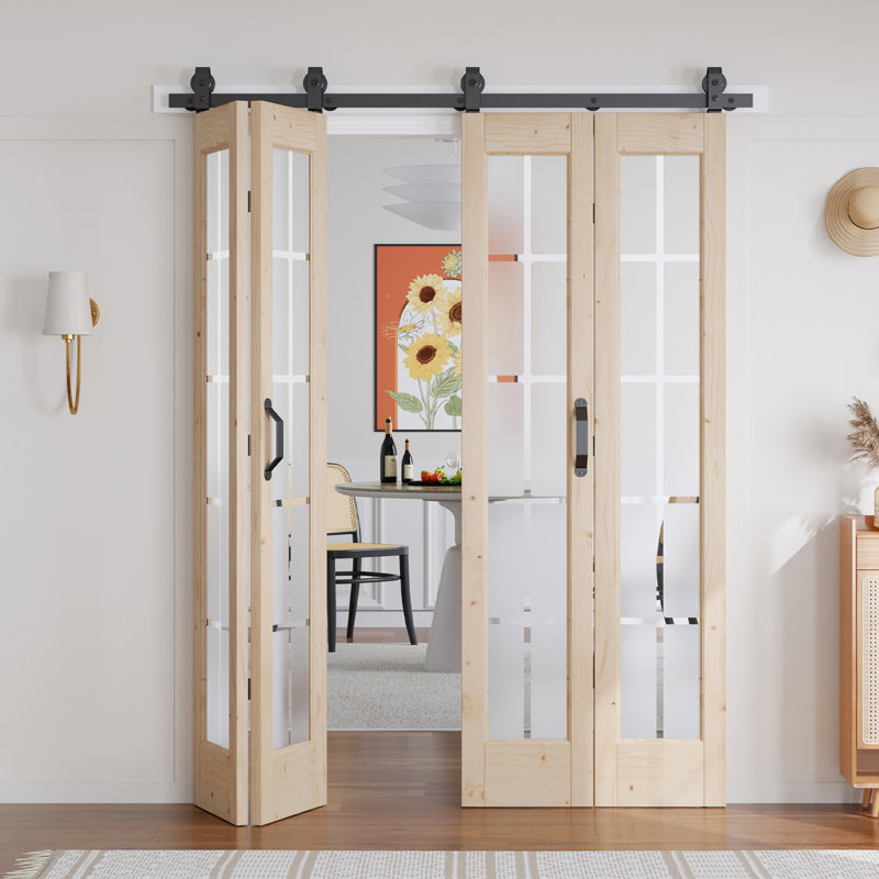 Porte de grange pliante en bois massif en verre givré sans finition avec trousse de quincaillerie d'installation
