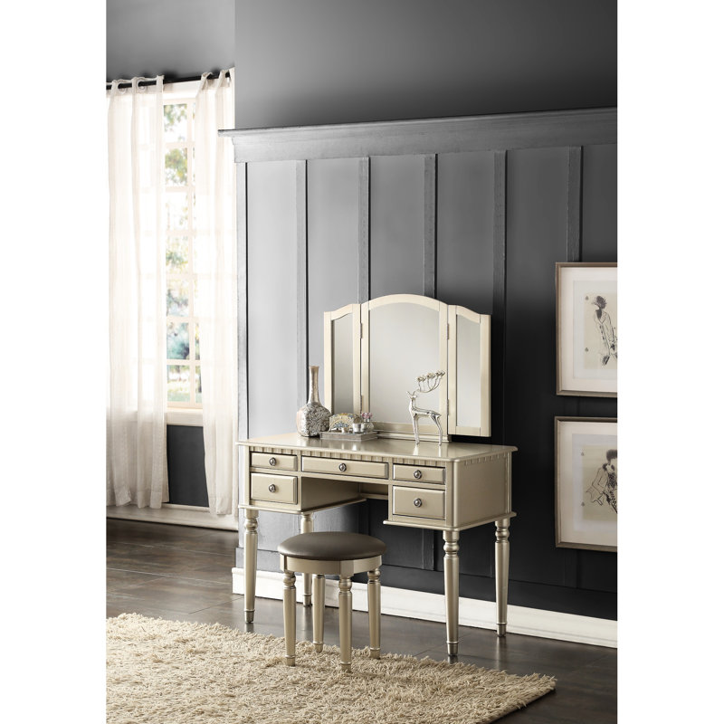 Meuble-lavabo moderne avec finition argentée, miroir pliable, tabouret, 5 tiroirs, tiroirs de rangement en placage de bouleau