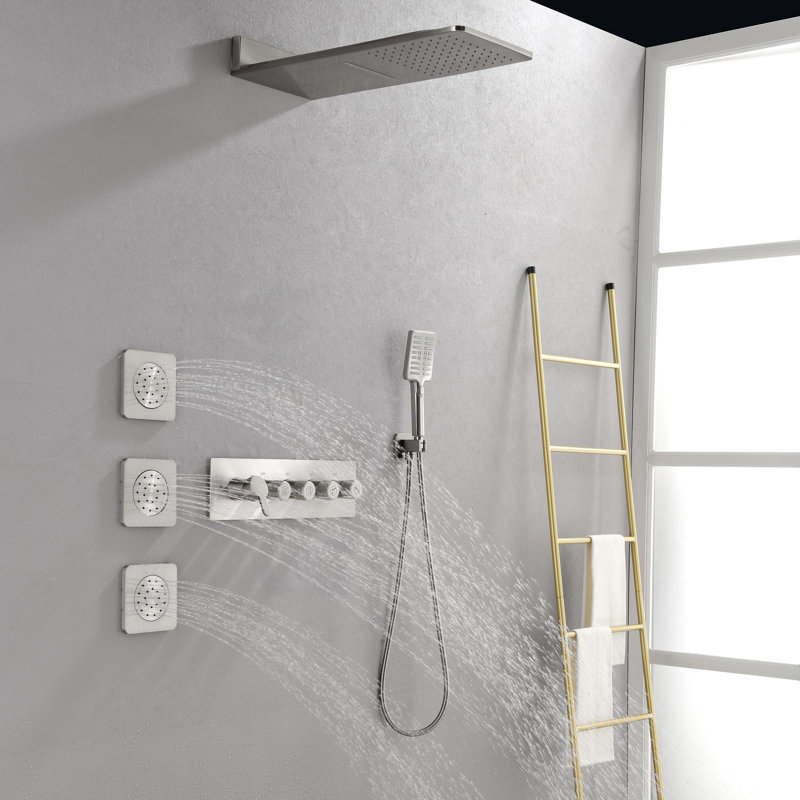 Wall Mounted Waterfall Shower System with Bodysprays, Brushed Nickel