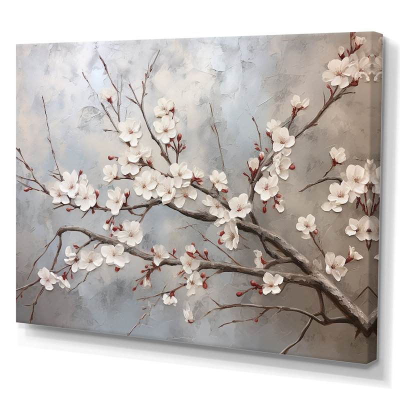 Fleur de cerisier minimaliste gris et beige I - art mural Cherry Blossom, H 34 po x l 44 po x P 1,5 po, Toile tendue