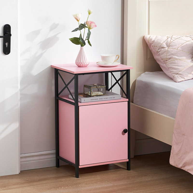 Modern bedside Table with Storage Shelf and Door, Industrial Nightstand for Bedroom, Living Room, Pink