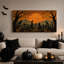 Tableau sur toile représentant un cimetière au clair de lune orange avec des corbeaux et des citrouilles, idéal pour l’Halloween.-252965388