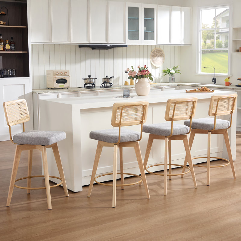 Tabourets de bar pivotants Anandi 66,5 cm (26,2 po) de style moderne du milieu du siècle, avec dossier en rotin et structure en bois massif