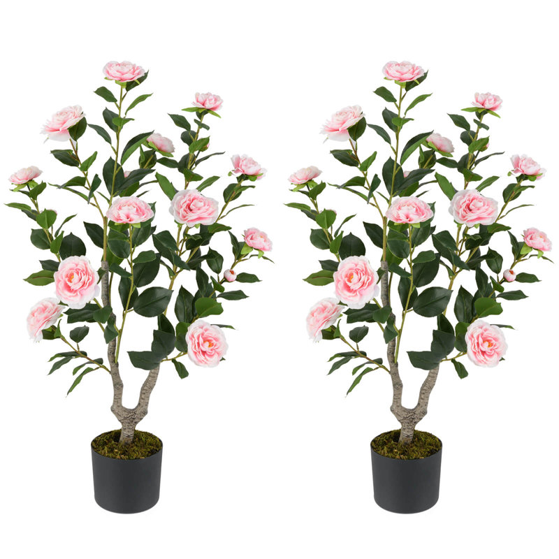 2 pièces 36 "Camellia artificiel arbre artificiel en pot plante verte moderne, Vert / rose