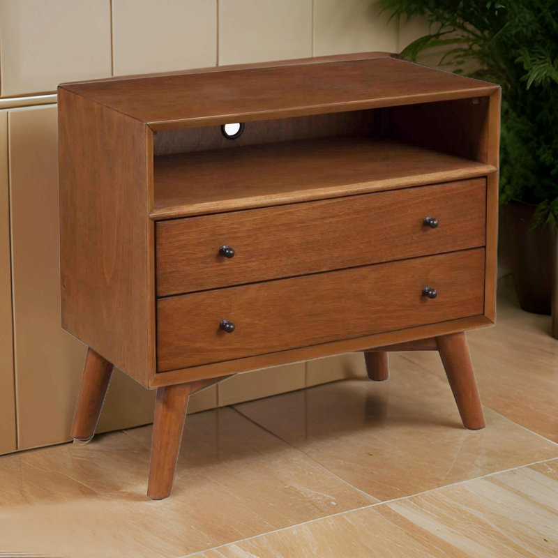 Table de chevet 2 tiroirs en bois avec compartiment ouvert et pieds évasés, brun