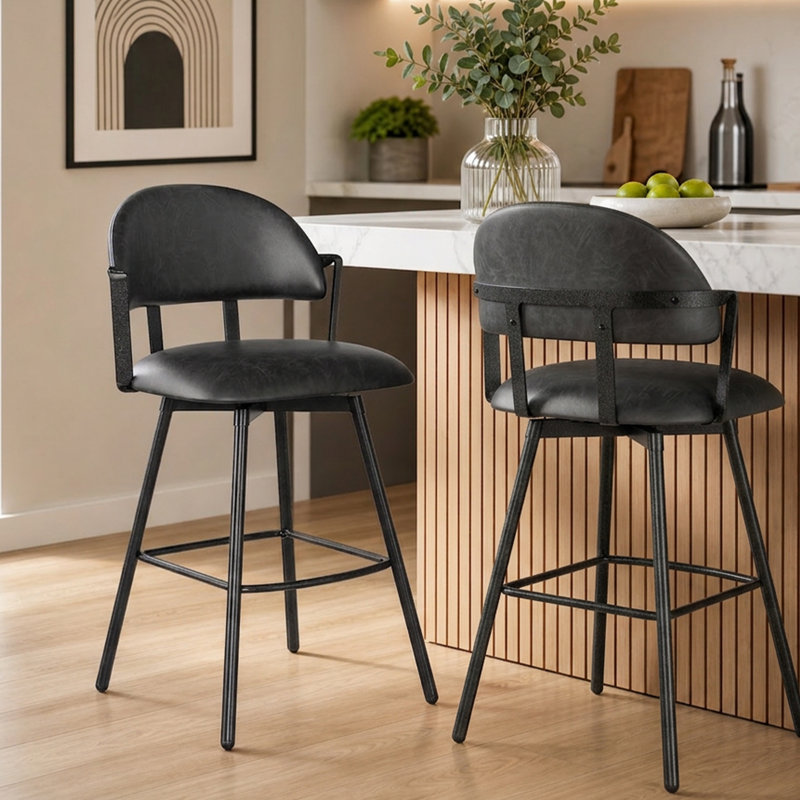 Swivel Upholstered  26.4" Counter Stool with Metal Frame (Set of 2), Black Gray, Set of 2