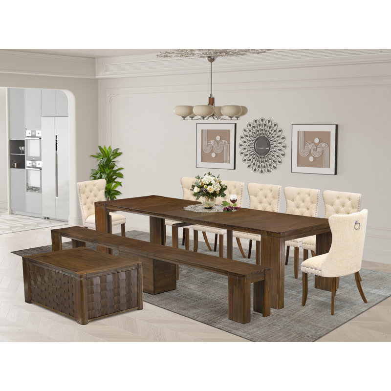 10-Pc Kitchen Table Set includes an Extendable Rectangle Kitchen Table, 1 Coffee Table, 7 Polyester Dining Chairs and 1 Bench, Antique Walnut