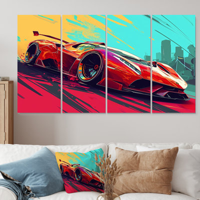 «High Speed Retro Red Sports Car», art mural exotique sur toile, 4 pièces