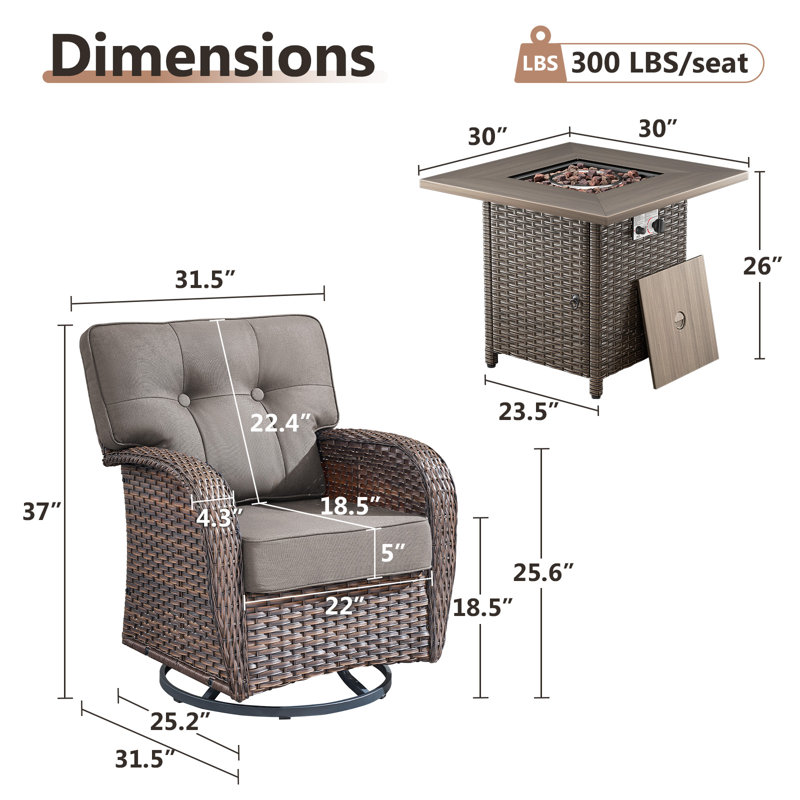 Agnes All-Weather Rattan Outdoor T-Back Cushions Conversation Set With Swivel Chairs And Fire Pit (Set Of 4), Gray