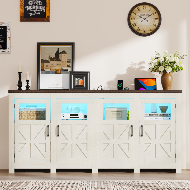 74" LED Farmhouse TV Stand For Tvs Up To 85" With Power Outlets And Adjustable Shelves, White/Brown