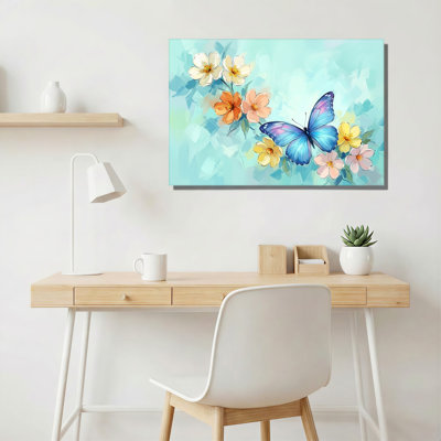 «Blue Butterfly» et fleurs pastel sur fond bleu clair, art mural sur toile