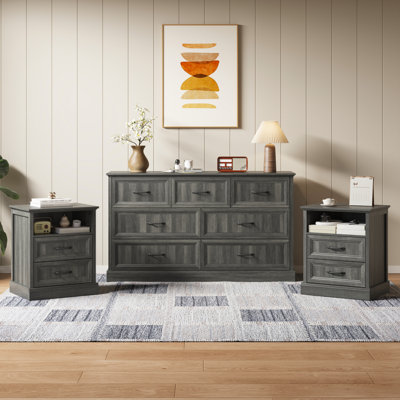 3 Pieces Farmhouse Bedroom Set,7 Drawer Dresser And 2 Drawer Nightstands With Storage Cabinet