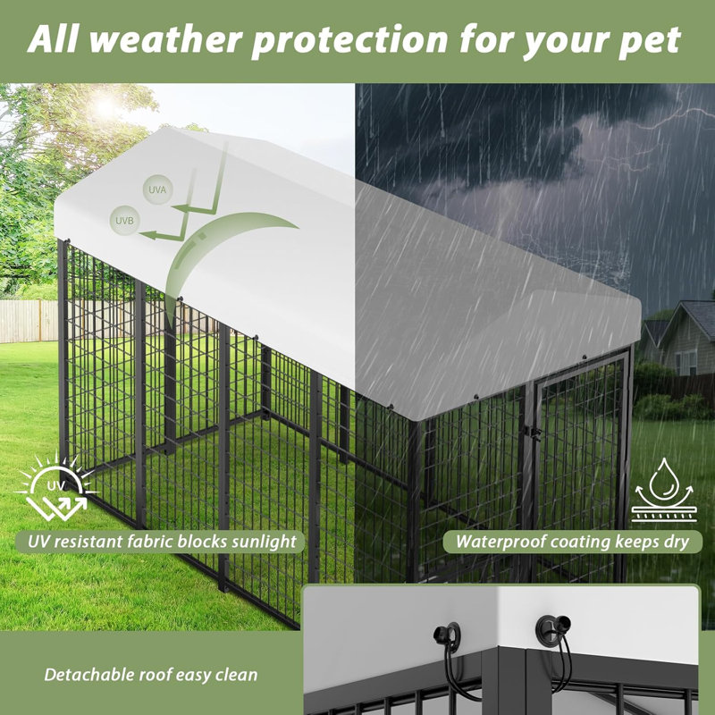Chenil d'extérieur pour chien avec porte d'alimentation rotative, bols en acier inoxydable et toit en polyester amélioré