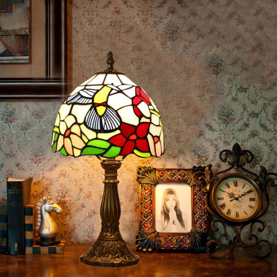 Tiffany Style Stained Glass Table Lamp With Hummingbird Design, Handcrafted Antique Lamp For Bedroom, Living Room, Or Office, Includes Multicolor LED Bulb