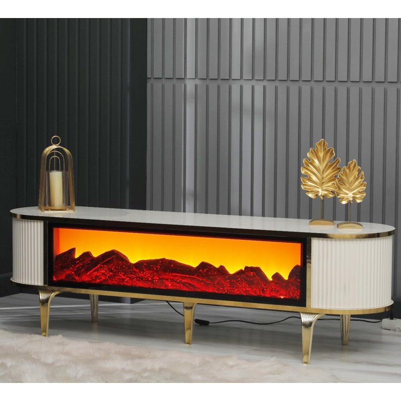 Unfinished TV Stand for TVs up to 88" with Fireplace Included, White/Gold