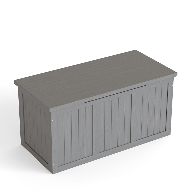 Coffre de terrasse extérieur en bois massif de 67 gallons avec siège à double usage et plateau de table pour la piscine, coussins de patio, outils de jardin, gris, application pratique facile à utiliser