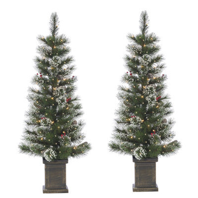 Set Of 2 Elegant 4 Foot Potted Hard Mixed Needle Loveland Spruce Trees With Decorative Accents