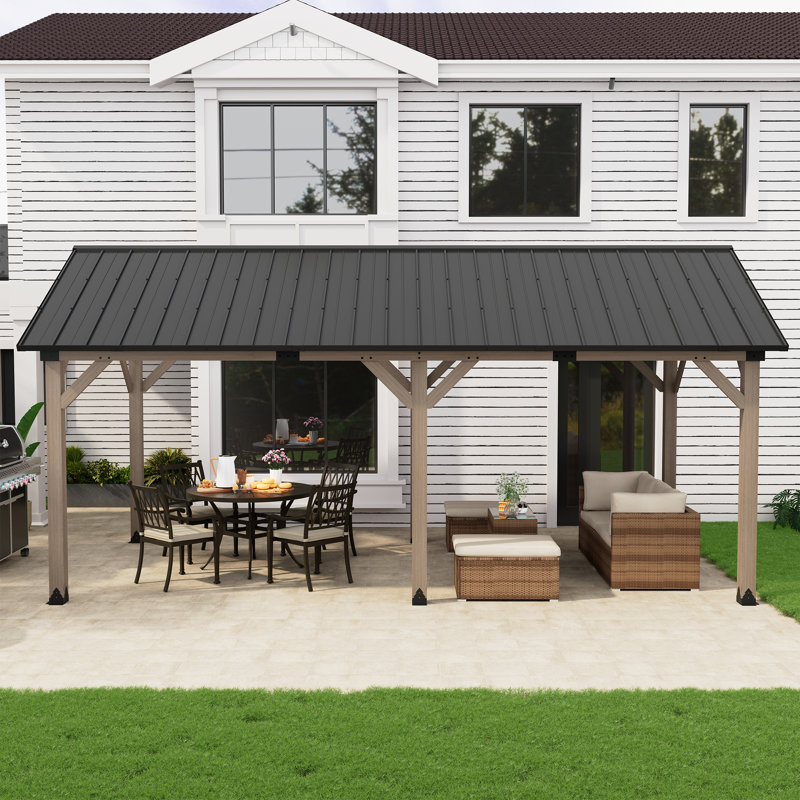 Patio Cedar Framed Wooden Steel Hardtop Gable Roof Gazebo, 116" H x 240" W x 144" D