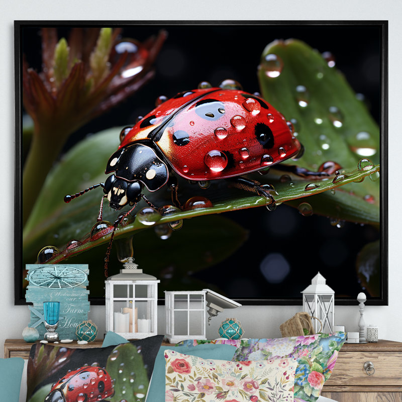 «Rainy Ladybugs Lullaby I», reproduction sur toile, H 16 po x l 32 po x P 1 po, Cadre flottant noir