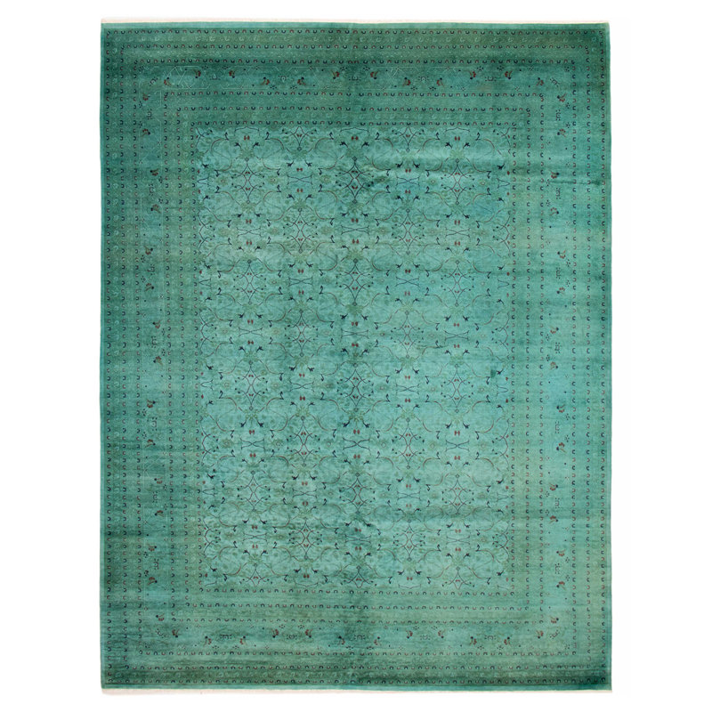 Tapis cyan noué à la main unique 9 pi 3 po x 12 pi 0 po
