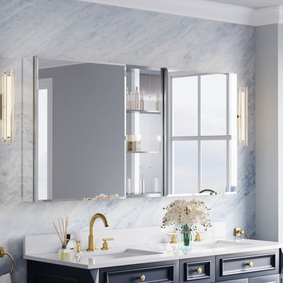 60''W X 30" H Recessed or Surface Wall Aluminum Bathroom Beveled Mirror Medicine Cabinet And Open Shelf Set
