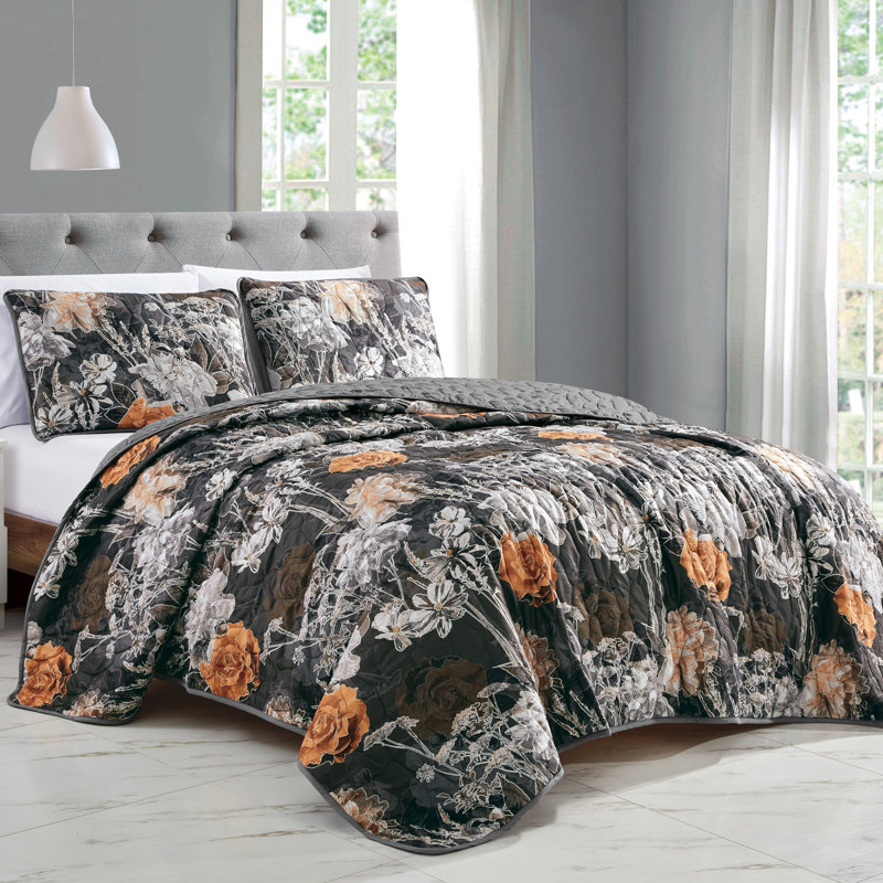 Ensemble de couvre-lit / couvre-lit en microfibre gris / noir / orange 3 pièces Helbah