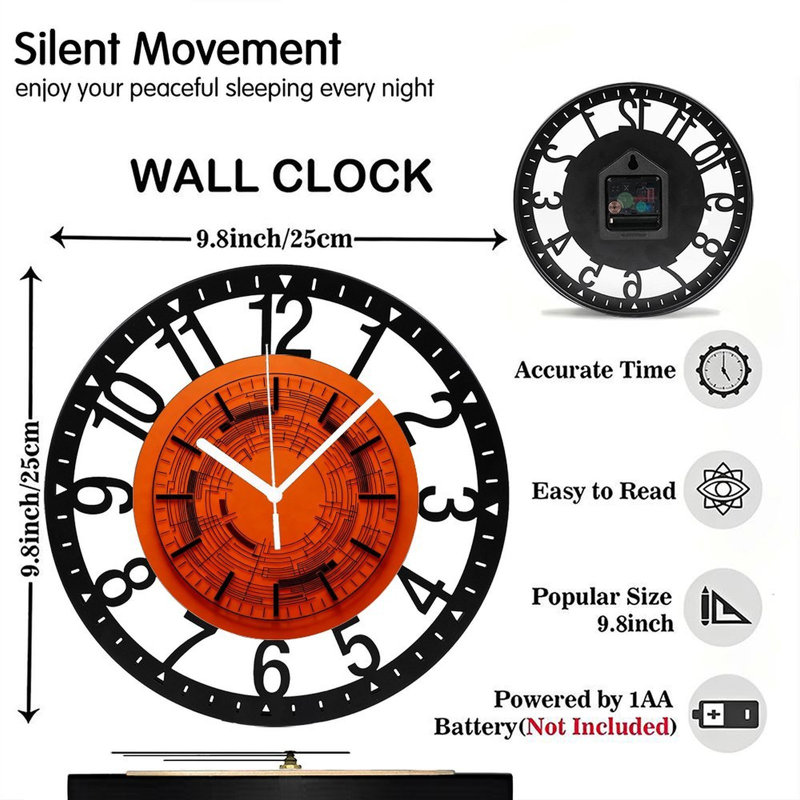 Horloge murale ronde en fer 10 po avec mouvement à quartz silencieux, chiffres arabes, impression UV, Orange