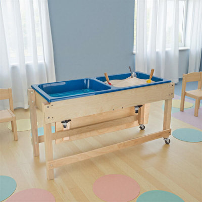 Kids Double Tub Sand & Water Sensory Activity Table with Dual Drain Faucets, Lid & Storage Shelf – Birch Plywood Indoor Play Table, 24" H x 46" W