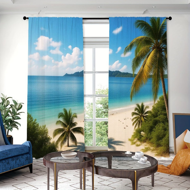 2Pcs Tropical Beach Palm Tree Curtains, Serene Ocean Sea View Pattern, Rod Pocket Light Filtering, Coastal Paradise Style, All-Season For Living Room Bedroom Balcony Window Decor