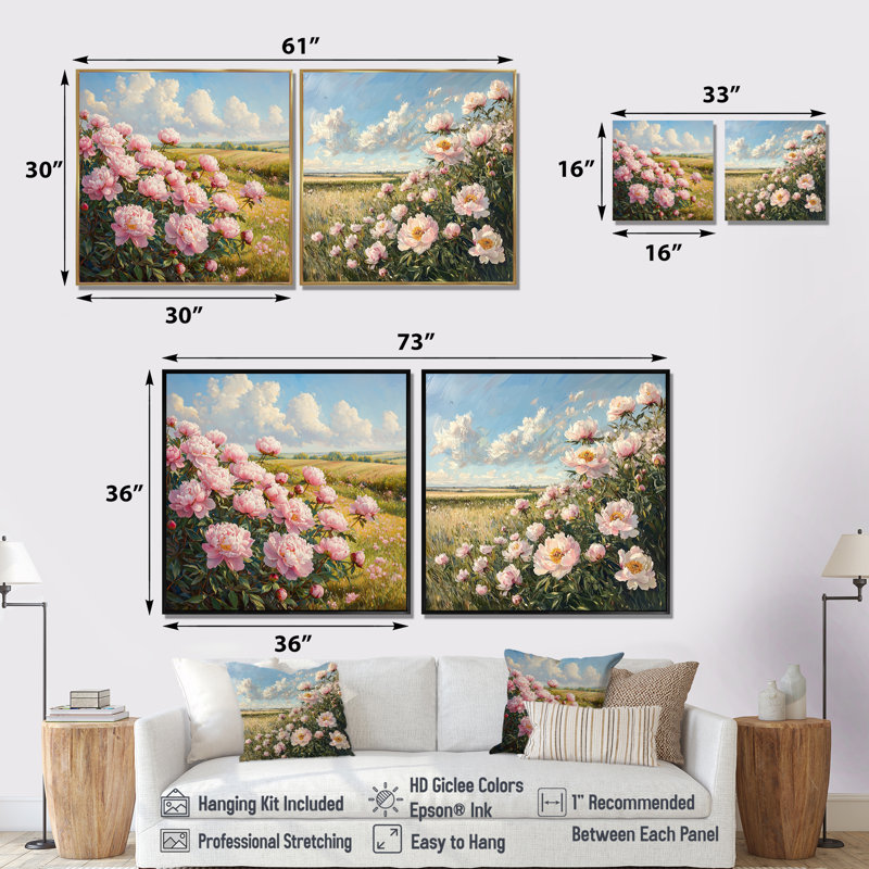 Pivoines à la ferme, bord III - art mural pivoines - décoration murale traditionnelle 2 pièces, Cadre flottant, Argent argent