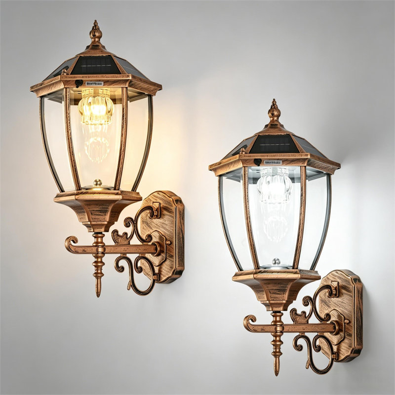 Lanterne murale solaire pour l'extérieur, verre transparent et aluminium laiton noir Wwg (ensemble de 2)