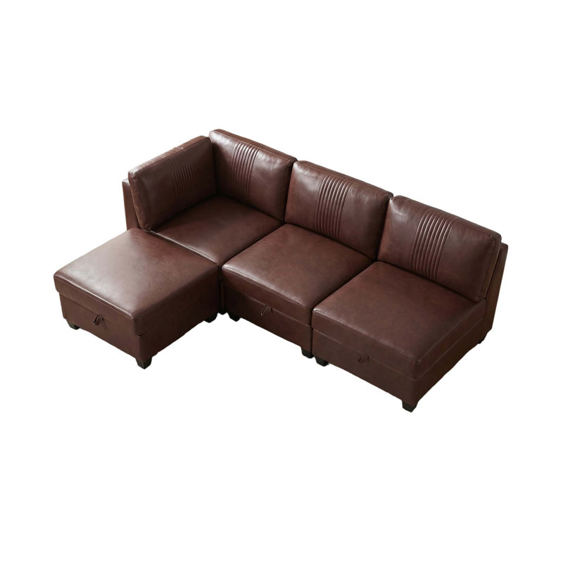 Canapé modulable flexible en polyuréthane avec rangement caché et fonction couchette, Simili cuir brun foncé