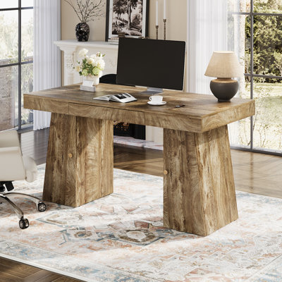 55" Modern Computer Desk with Drawers, 27.5" Large Office Desk with Storage Shelves, Black Gaming & Writing Desk for Home Office, Natural