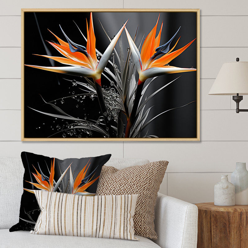 Oiseaux du paradis exotique - imprimé, Cadre naturel flottant, H 16 po x l 32 po x P 1 po