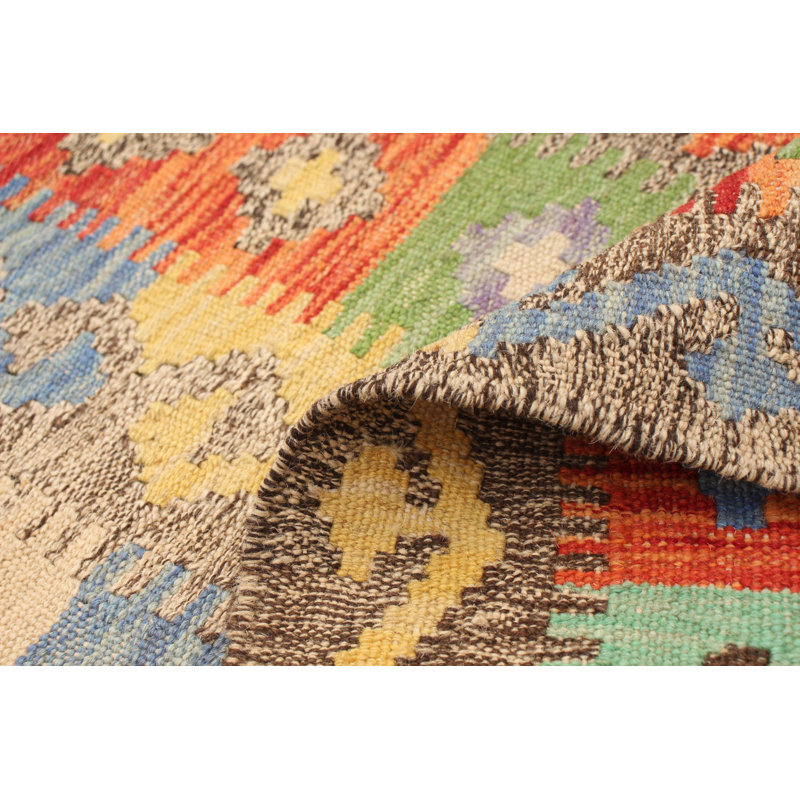 Tapis décoratif en laine de conception unique 9 pi 10 po x 16 pi noué à la main New Age orange/rouge/beige