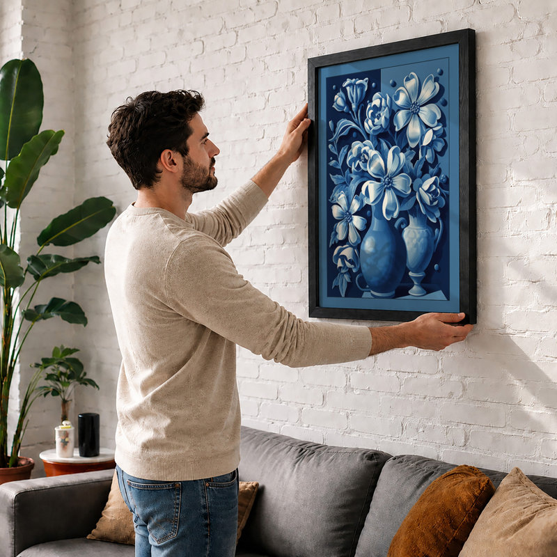 Blue Ceramic Blooms Botanical - Print, A2 - 59.4 x 42.0 cm, Oak