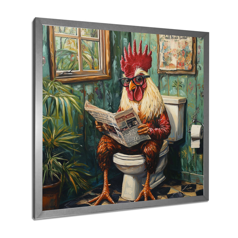 Kendalynn, coq lisant un journal dans la toilette I - coq, art mural, H 30 po x l 30 po, Picture Framed Print, Argent argent