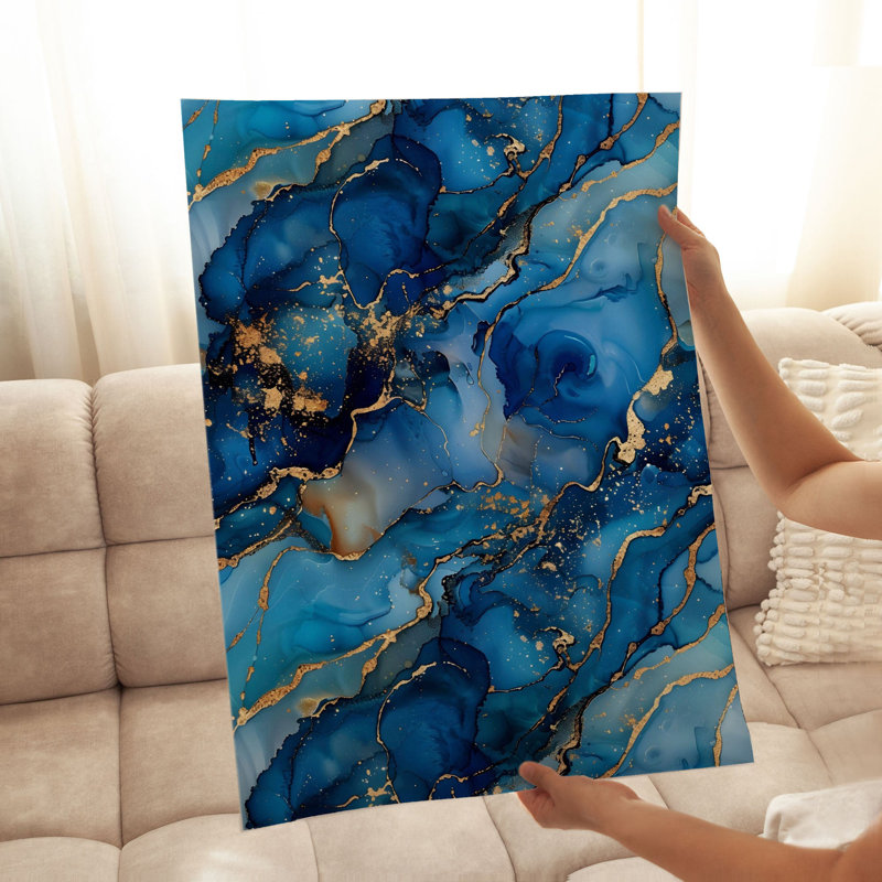 Abstrait bleu et doré, cristaux de géode de marbre II, impression d'art moderne sans cadre, H 30 po x l 20 po