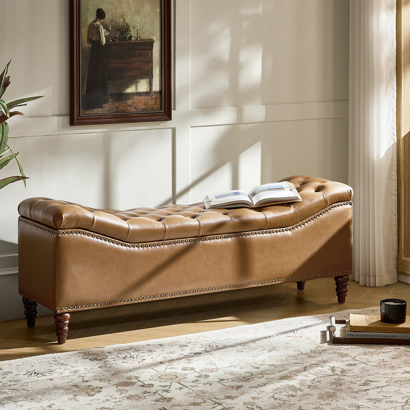 Zona 59"W Traditional Faux Leather Tufted Upholstered Storage Bench with Soild Wood Legs and Nailhead Trim, Camel