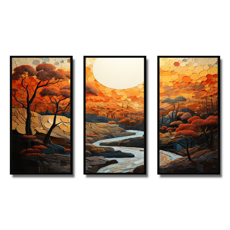Orange Sunset Abstract Landscape Stream I - Art abstrait paysage mural, Cadre flottant noir, H 28 po x l 36 po x P 1 po