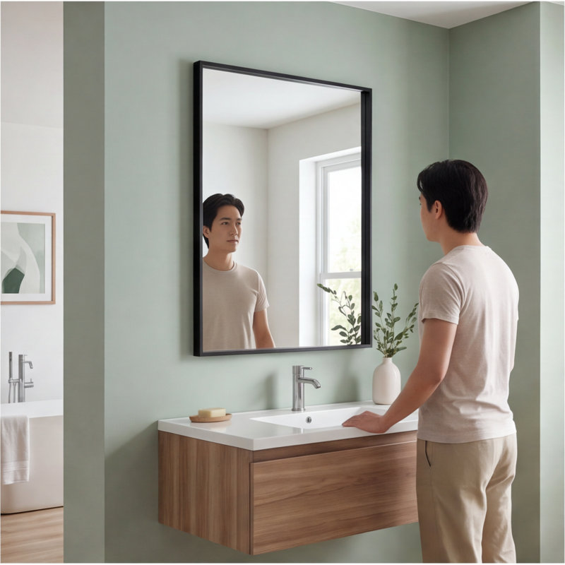 Miroir mural 24 po x 32 po rectangulaire en métal noir avec support incassable