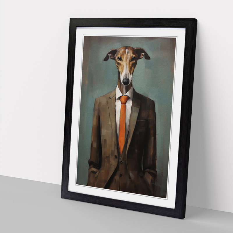 Greyhound in a Suit Painting - Framed Print, 64cm H x 46cm W, Black Framed